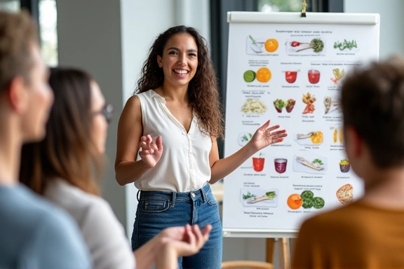 Female nutritionist leading a group workshop on healthy eating