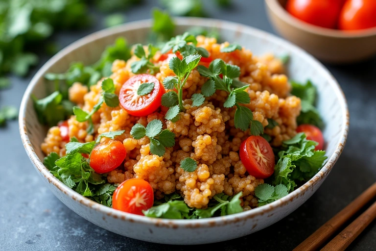 A delicious and healthy plant-based meal beautifully plated, ready to be eaten.