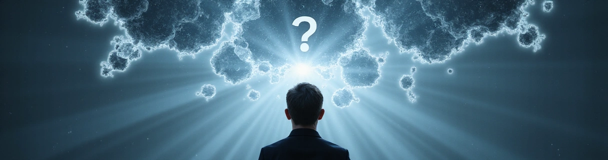 A person contemplating a complex question, surrounded by abstract thought bubbles and light, symbolizing clarity and problem-solving.
