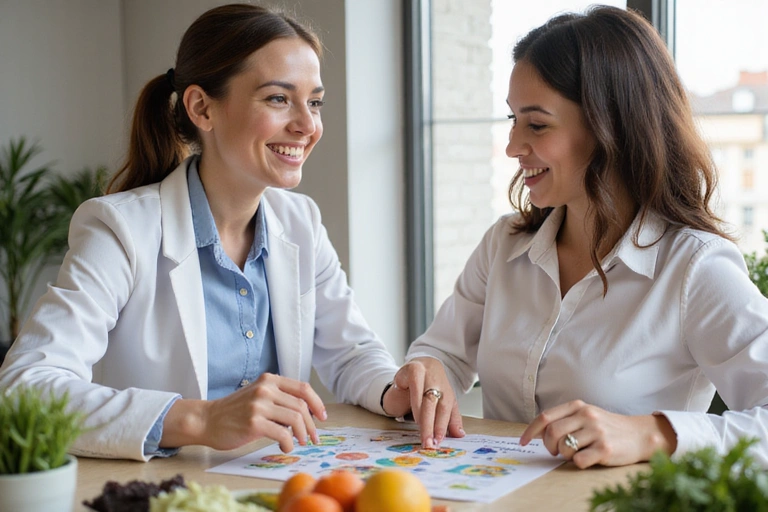 A nutritionist smiling and explaining healthy food choices to a happy client in a bright setting