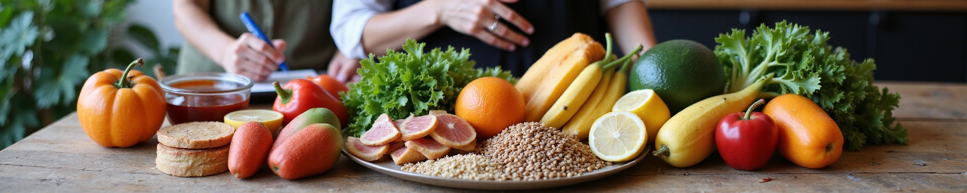 Diverse healthy food spread on a table with a person taking notes, symbolizing nutritional services